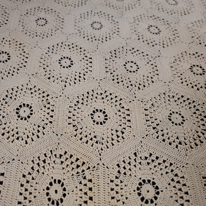 Hand crochet scallop edge Coverlet table cloth Cream Handsewn VINTAGE 72" x 86"
