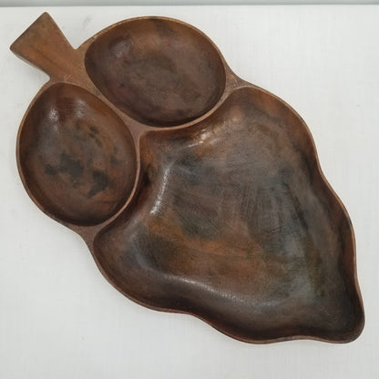Large Vintage Monkey Pod Wood Leaf Shaped 3-Compartment Serving Tray Hawaiiana