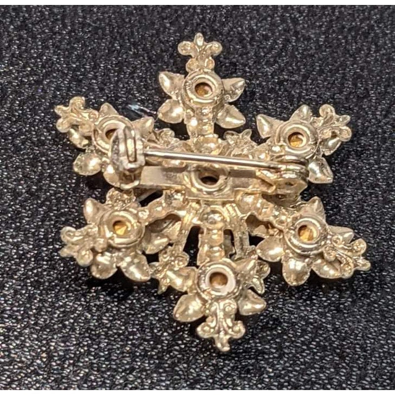 Vintage White Metal Snowflake Rainbow Gems Brooch Pin Starburst Rhinestone