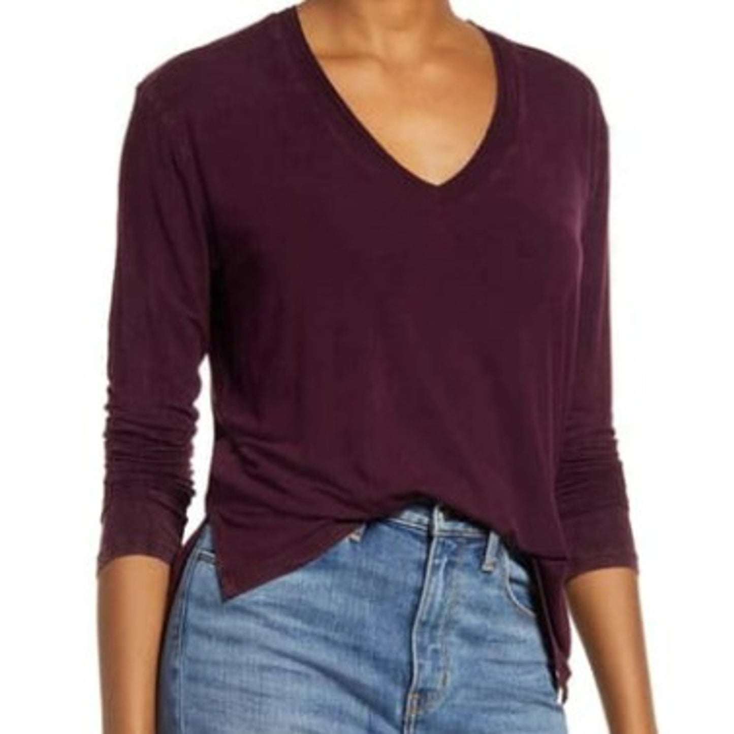 Treasure & Bond Mineral Wash V-Neck Long Sleeve Top XS/Extra Small Burgundy NWT