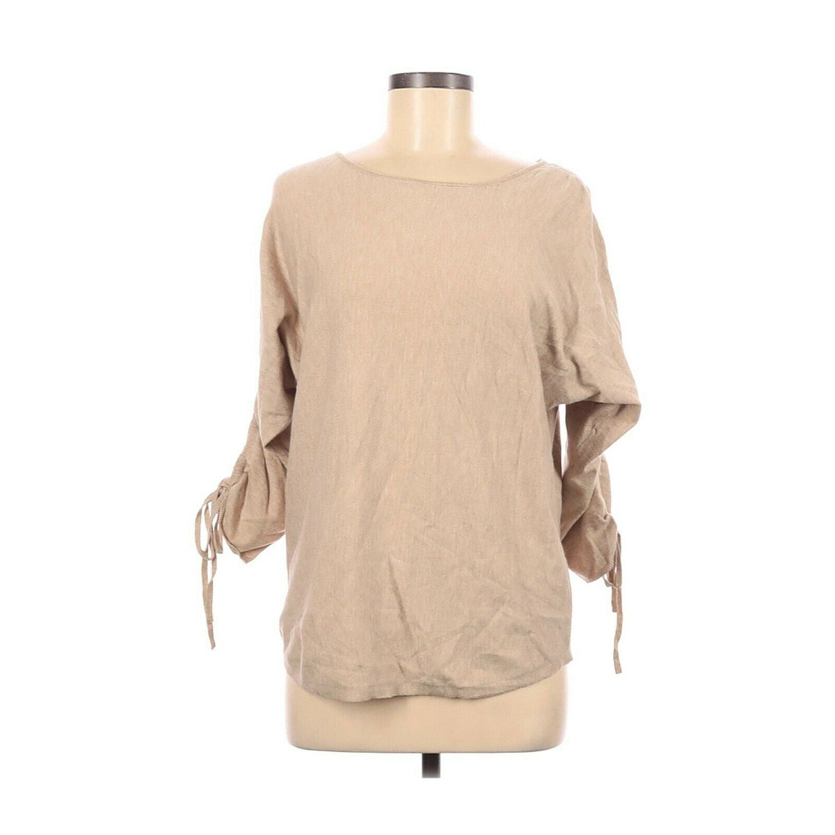 Max Studio Boho Pullover Knit Top Sweater Scoop Neck Tan Gathered 3/4 Sleeve Medium
