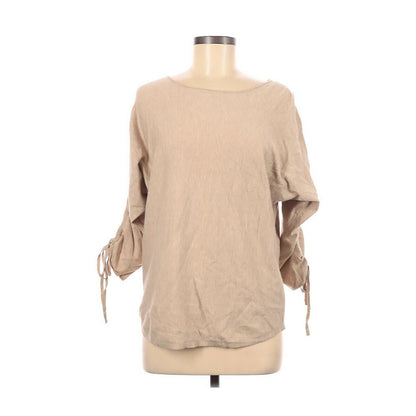 Max Studio Boho Pullover Knit Top Sweater Scoop Neck Tan Gathered 3/4 Sleeve Medium