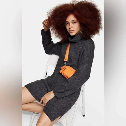 Topshop Funnel Neck Sweater Dress Size 8-10 Gray NWT Cuffed Ribbed Relaxed Fit