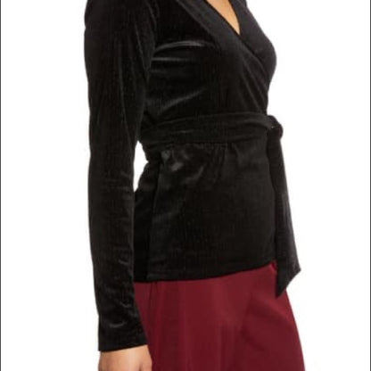 Halogen Black Long Sleeve Velvet Wrap Top Size Small