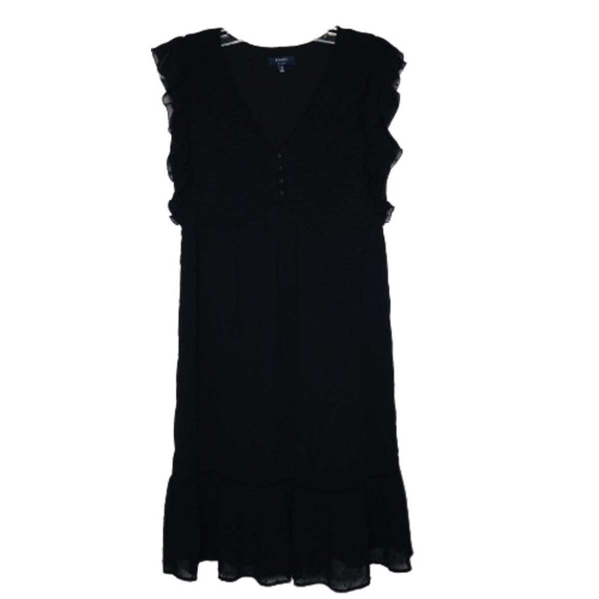 Kaari Blue Black Sheath Dress Ruffled Flutter sleeve swiss dot V-Neck SMALL LBD