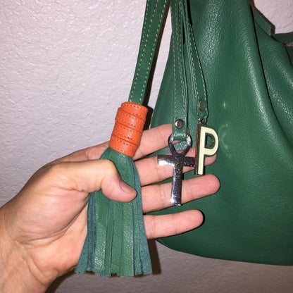 Nuniz Egyptian Leather Purse Crescent Shoulder Bag Green with Tassels Fobs