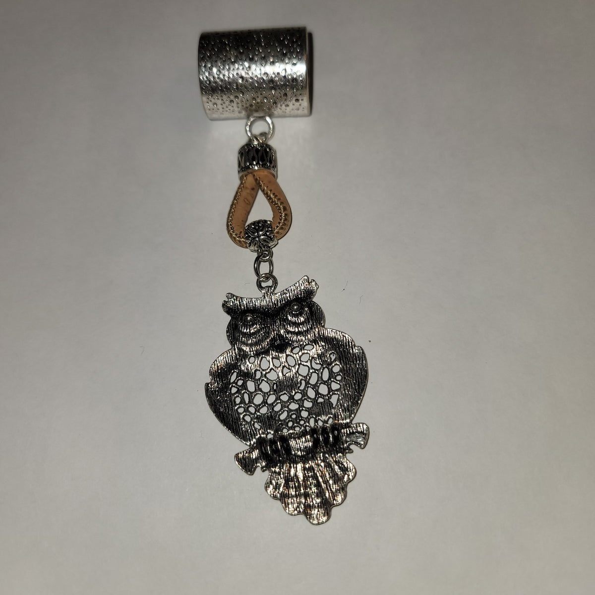 NEW silvertone Black Aged Filigree Metal Scarf Purse Slide Cork Rope OWL