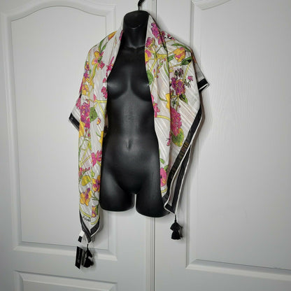 INC International Concepts Garden Pink Floral Black Tassel Square Scarf NWT
