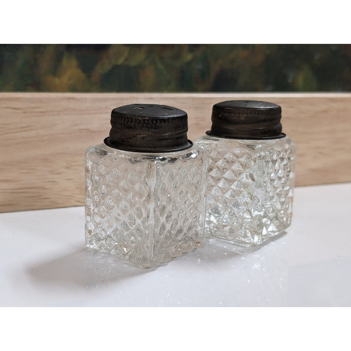 Vintage Miniature Salt and Pepper Shakers Clear Glass Silver Tone Metal Tray Set