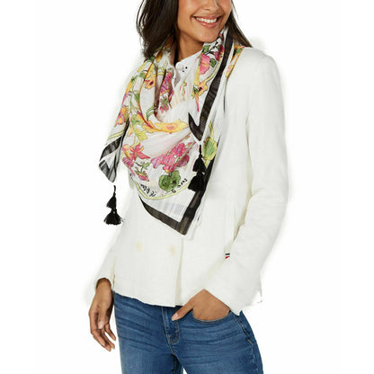 INC International Concepts Garden Pink Floral Black Tassel Square Scarf NWT