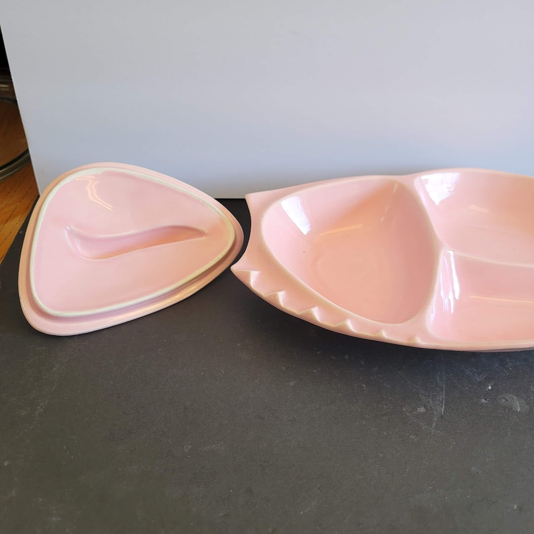 California Pottery Pink Covered Dish MCM Divided Leaf Shape Serving Tray VINTAGE