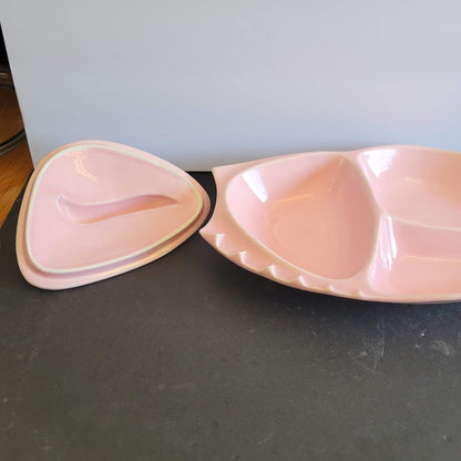 California Pottery Pink Covered Dish MCM Divided Leaf Shape Serving Tray VINTAGE