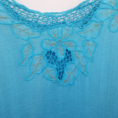 Vintage Blue Teal Coverup Dress Embroidery short sleeve 1980's Medium