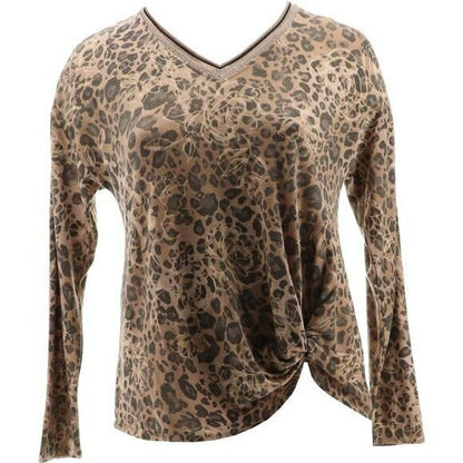 Democracy Sweater Top Twist Hem Animal Print Medium Taupe NWT Long Sleeve V-Neck