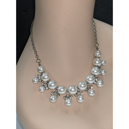 Vintage Costume Jewelry White Faux Pearl Rhinestone Chain Necklace