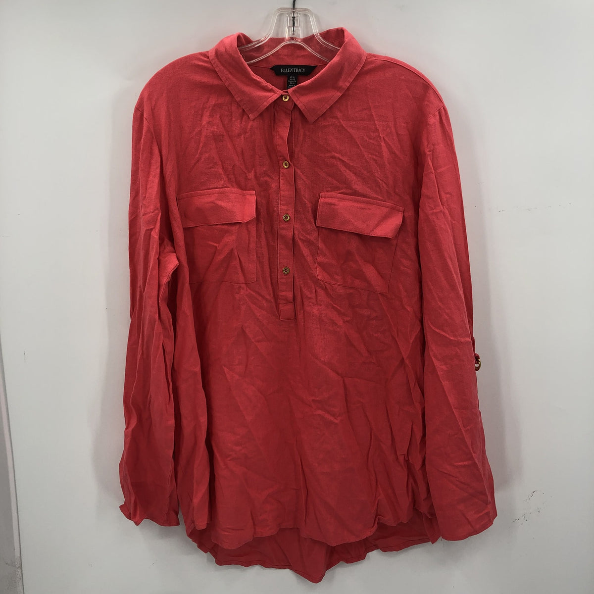 Eleen Tracy Women's Front Button Detail Blouse Top Roll Tab Sleeves Red X-Large