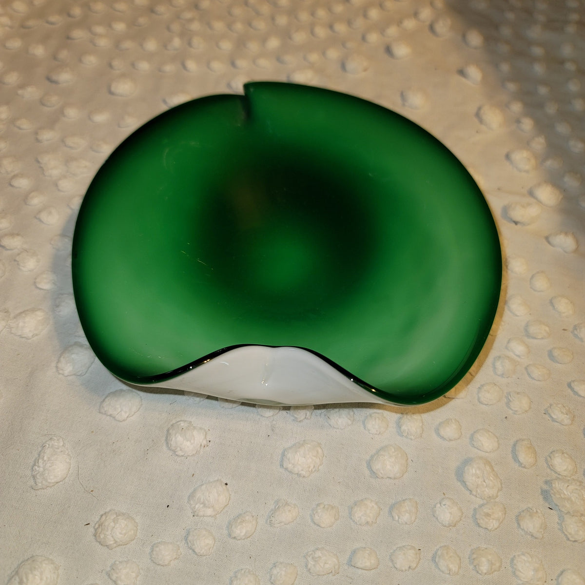 Murano Swirl Quilted Glass Bowl Green Mid Century Small 7 in Cased White
