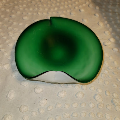 Murano Swirl Quilted Glass Bowl Green Mid Century Small 7 in Cased White