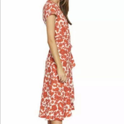 Bardot Sz 12 Red/White Fiesta Floral Faux Wrap Ruffle Short Sleeve Casual Dress