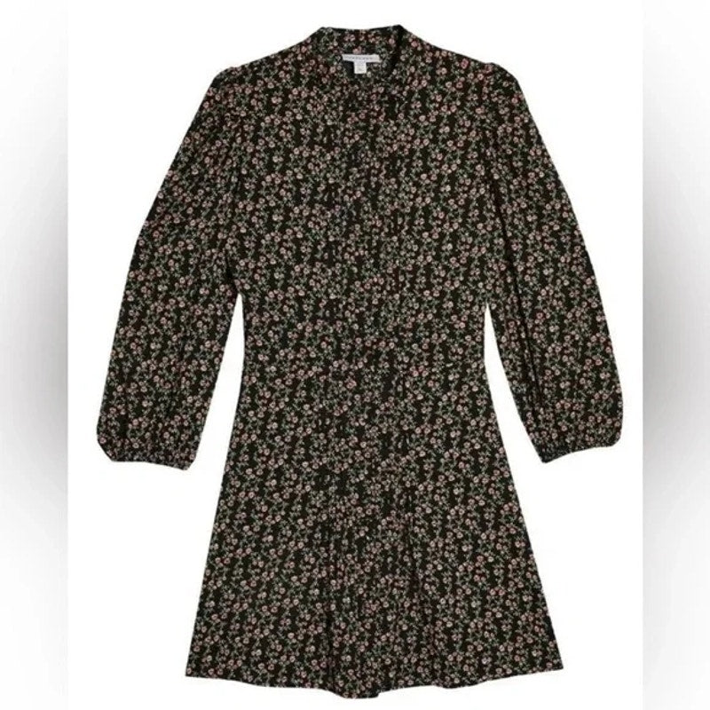 TOPSHOP Tiny Front Pleats Long Sleeve Mini Dress Sz 12 in Black Floral Multi NWT