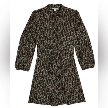 TOPSHOP Tiny Front Pleats Long Sleeve Mini Dress Sz 12 in Black Floral Multi NWT