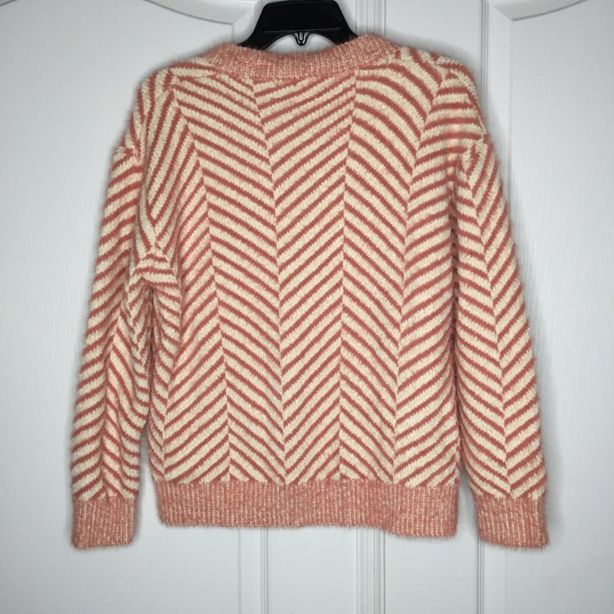 FRNCH Pullover Sweater V-Neck Long Sleeve Diagonal Stripe Chenille Rose Soft S/M