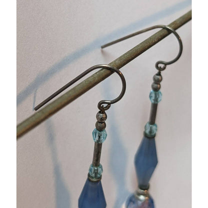 Vintage Handmade Blue Glass Crystal Beaded Earrings Dangle Drop Silver Tone