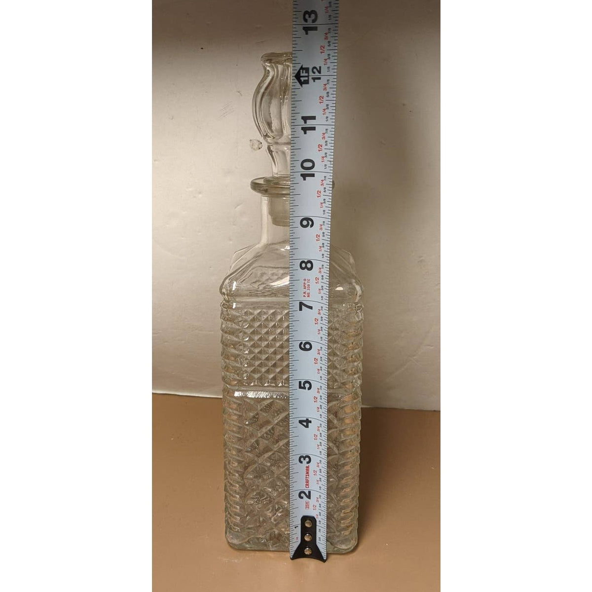Vintage Glass Decanter Pair 12.5" Pressed Cut Glass Empty Whiskey Bottle Set