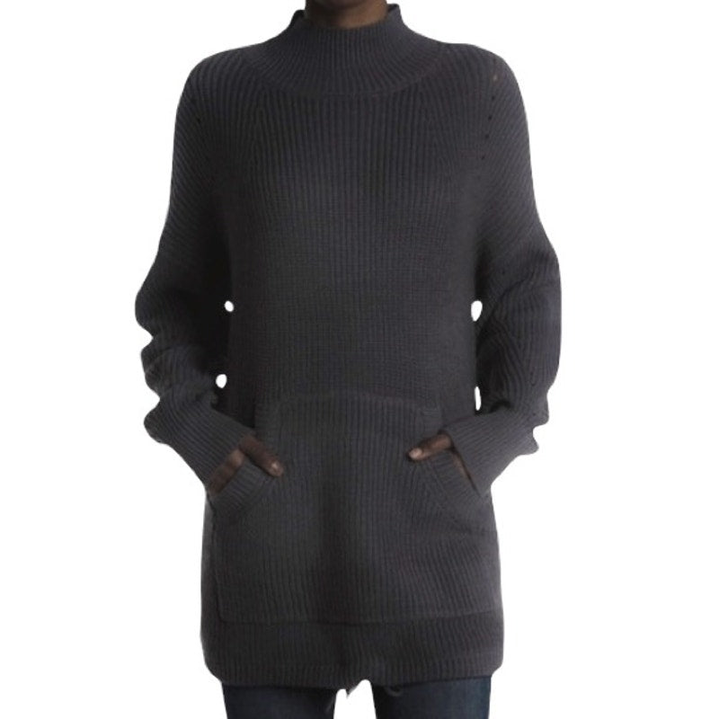 RDI Tunic Sweater Mock Neck Kangaroo Pockets Ribbed Small Black NWT Drawstring