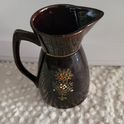 Vintage Chocolate Brown Hand Painted Moriage 7 inch Tall Redware Pitcher