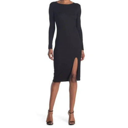 Abound Side Slit Rib Knit Long Sleeve Round Neck Midi Dress Sz Small Black NWT