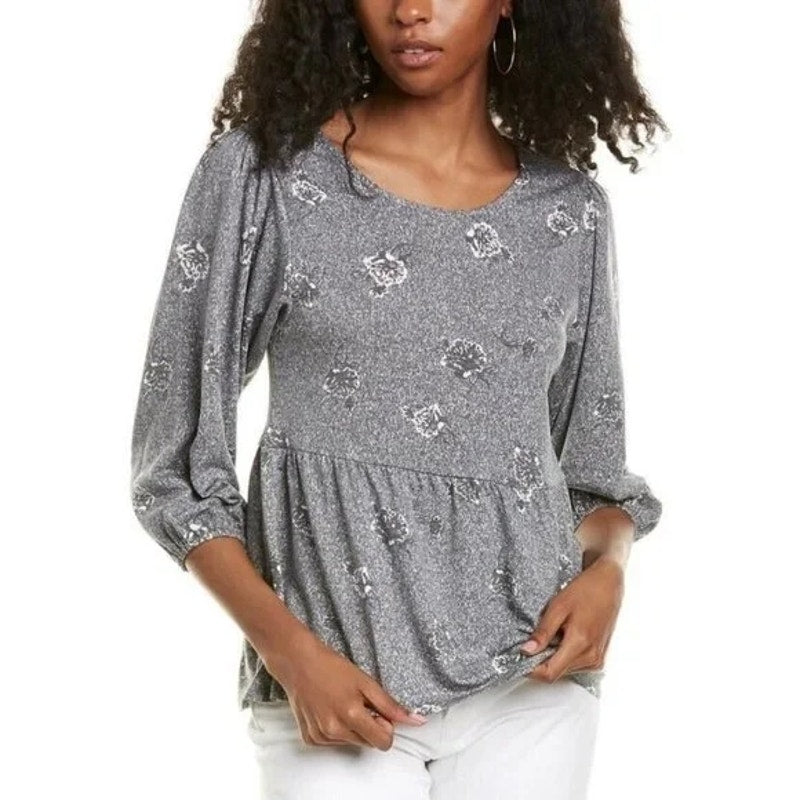 Bobeau Boho Blouse Large Whisper White Black NEW Babydoll Top Peplum 3/4 Sleeve