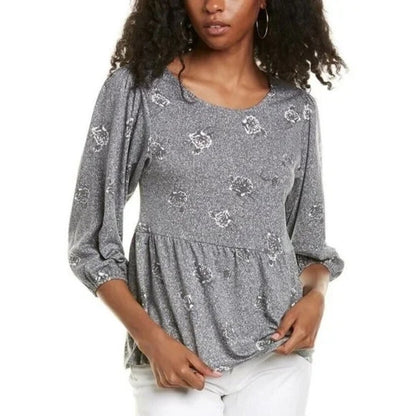 Bobeau Boho Blouse Large Whisper White Black NEW Babydoll Top Peplum 3/4 Sleeve