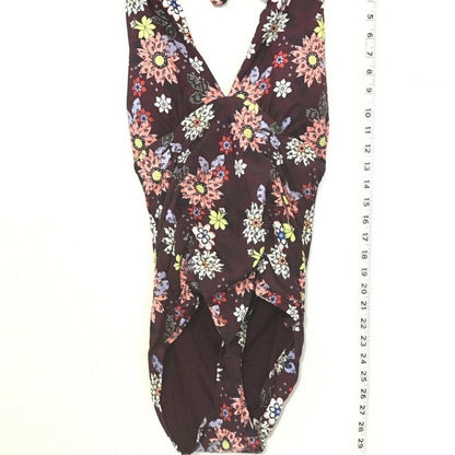 Anne Cole Shirred Front Keyhole Highneck One Piece Wine Floral Size 12 halter