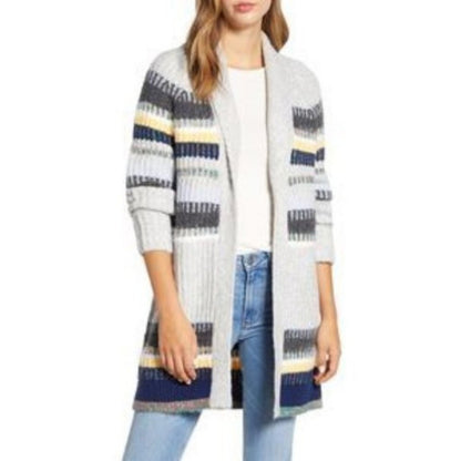 Caslon Open Front Shawl-Collar Cardigan Sweater Gray Staggered Stripe Small