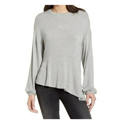 Chelsea28 Asymmetrical Ruffle Hem Boho Top Sz Large Gray NWT Balloon Sleeve SOFT