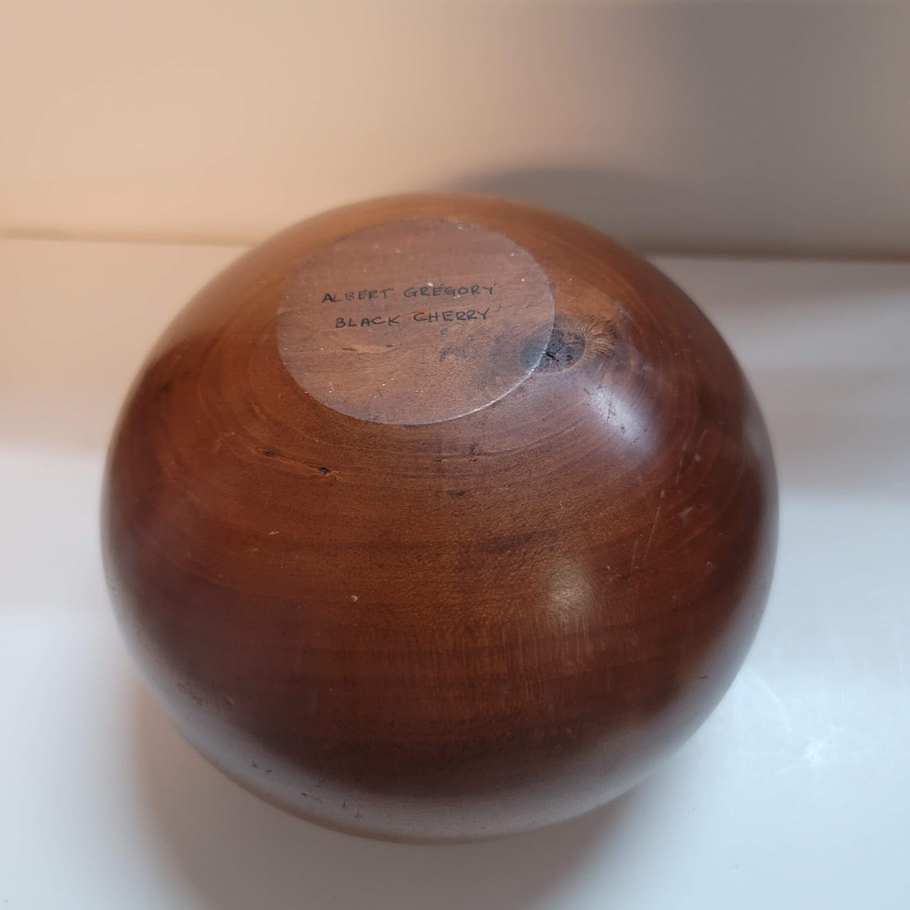 Vintage Hand turned wood vase round signed ALBERT GREGORY Black Cherry