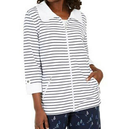 Karen Scott Sweatshirt Striped Full Zip Up Jacket Long Sleeve Bright White Large