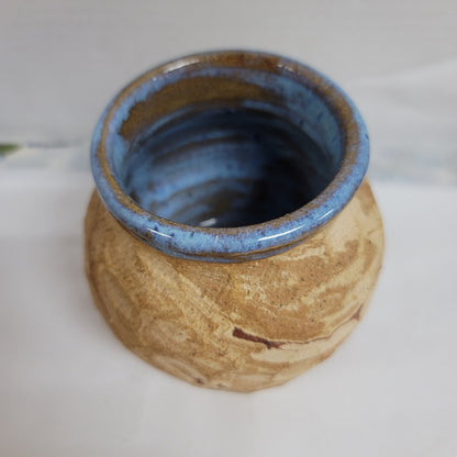 Art pottery clay vase shell imprinted earth tones Blue glaze Inside 4" handmade