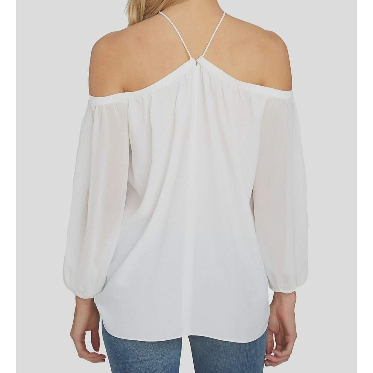 1. State Women's Off Shoulder Sheer Chiffon Halter Blouse Top Size XXS Ivory NWT