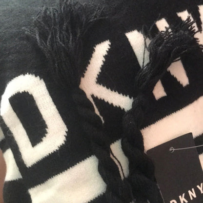 DKNY Black White Logo Stadium Tassel Winter Scarf Winter wrap fringe