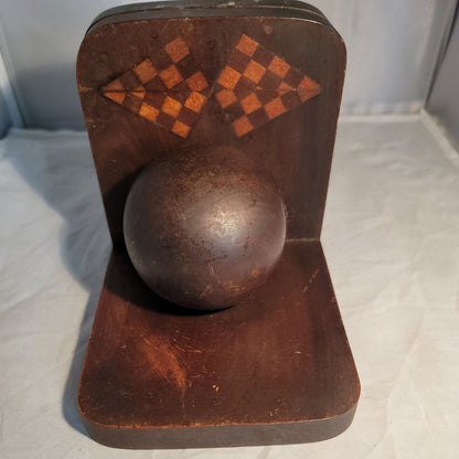 Vintage Pair Carved Wood Sphere Balls Orb BookEnds Walnut checkerboard Inlay MCM