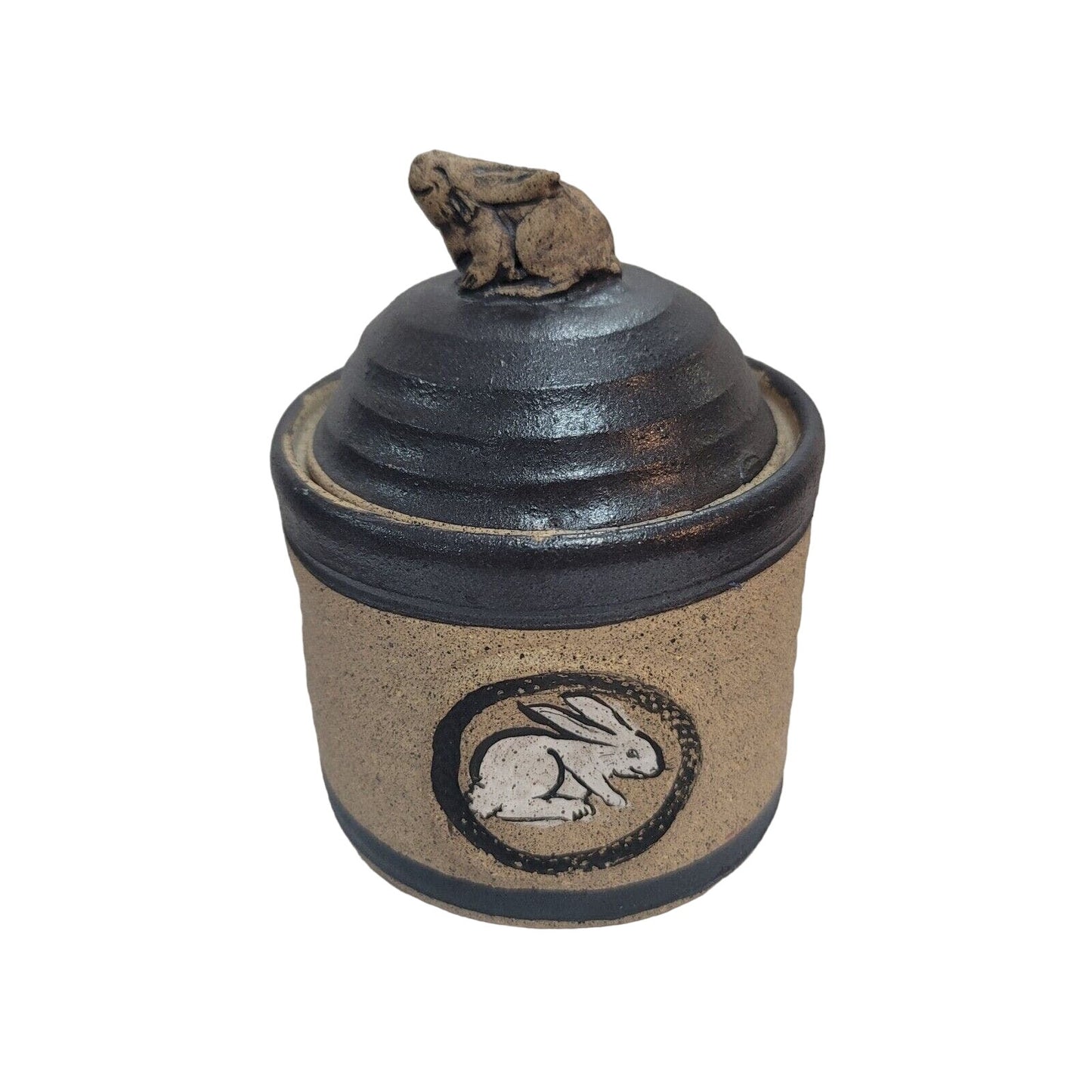 TURTLE HILL HANDMADE Studio Art Pottery Lidded Canister Pot Stamped BUNNY RABBIT