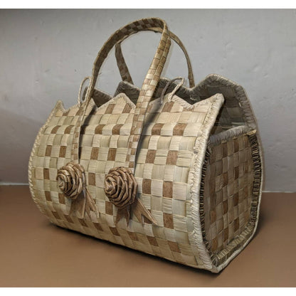 Clamshell Handmade Woven Purse with Flowers Bamboo or Grass Handbag Very Stiff