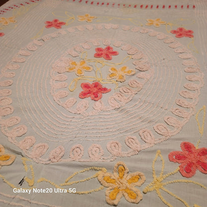 Chenille bedspread blanket Coverlet Flower NEED REPAIR blue red yellow FULL