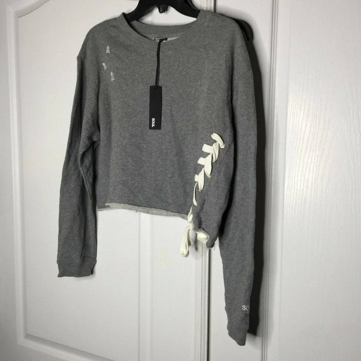 SoulCycle Cropped Lace Up Sweatshirt Pullover Embroidery Extra Small Grey Cozy