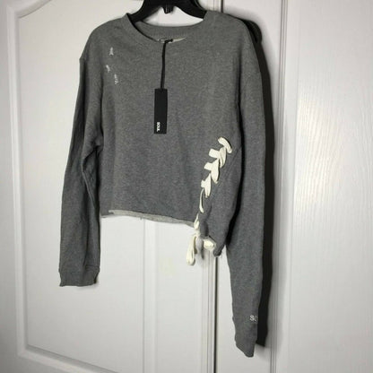 SoulCycle Cropped Lace Up Sweatshirt Pullover Embroidery Extra Small Grey Cozy