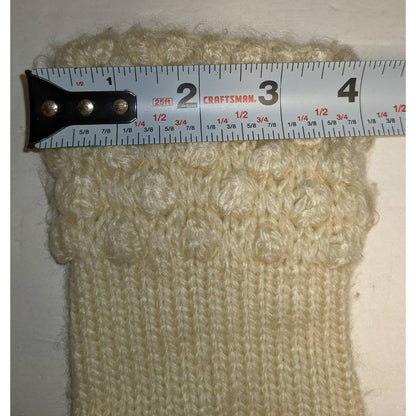 Vintage Cream Knit Winter Driving Gloves Faux Leather Palms Bubble Stitch Cuffs