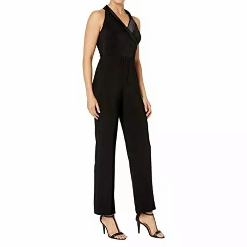Marina NWT Matte Jersey Jumpsuit Satin Shawl Collar Black Size 16