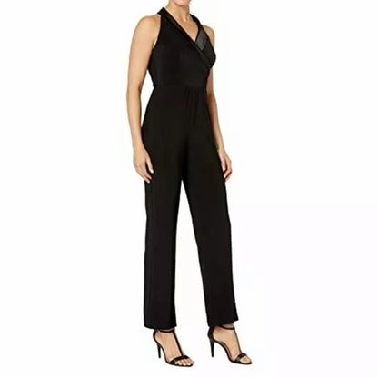 Marina NWT Matte Jersey Jumpsuit Satin Shawl Collar Black Size 16